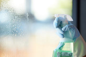 Image showing Hands, window and cleaning bacteria spray for surface disinfection, home hygiene and chemical cleaner. Housekeeping, windows and glass interior with soap foam protection cleaning products in bottle