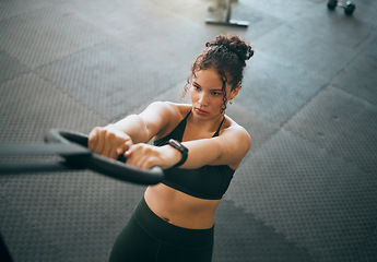 Image showing Exercise, gymnast ring and woman doing fitness workout , strength training and body wellness routine. Strong sports female or athlete with dip rings for power, self care and a healthy lifestyle