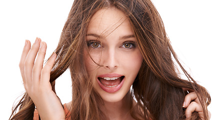 Image showing Portrait, hair and messy with a woman on a studio white background for keratin haircare treatment of split ends. Face, hair loss and beauty with a female model in a salon or hairdresser for a haircut