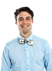 Image showing Portrait, money and finance with a business man in studio isolated on a white background wearing a dollar bill bowtie. Accounting, investment and cash with a male employee standing on blank space