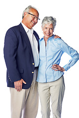 Image showing Love, smile and portrait of senior couple standing in studio, isolated on white background. Retirement, happy and healthy relationship, romance for elderly man with woman together in formal clothes.