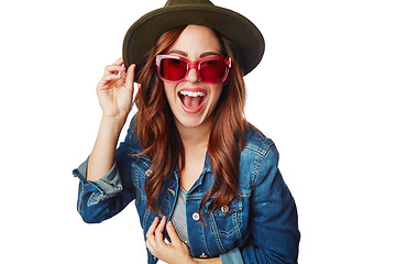 Image showing Happy woman, fashion and glasses with hat, smile or excited face against a white studio background. Portrait of a isolated fashionable female smiling in happiness for summer style on white background