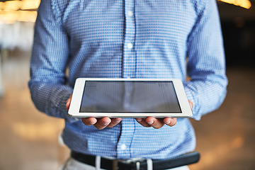 Image showing Digital tablet, office and closeup of a businessman ready to do research for a corporate project. Technology, mobile and professional male employee with a touchscreen device for planning in workplace