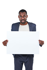 Image showing Portrait, creative and poster mockup for marketing paper space, advertising mock up and promotion. Banner, blank and billboard sign for happy worker, smile or businessman on isolated white background