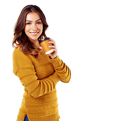 Image showing Woman, portrait and coffee with smile, vision and success during coffee break isolated on white background. Face, drink and takeaway with happy woman, content and freedom with mockup and latte