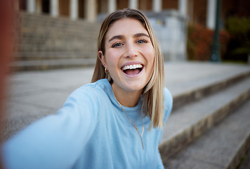 Image showing Student, selfie and girl with a smile of education building stairs with happiness for social media. Happy, woman and school of a person on university, college and campus steps on a phone with youth