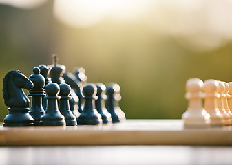 Image showing Game, smart and chess sport in nature for a challenge, strategy and brain competition in Ireland. Battle, match and board for games, strategic fun and tactics in a park or field for logic play