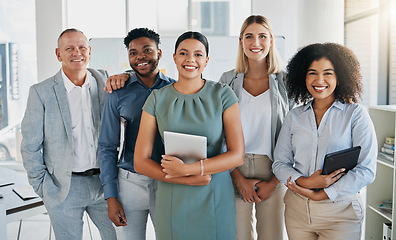 Image showing Portrait, happy or business people in a digital agency in an office building with motivation, goals or mission. Leadership, team work or confident employees smile with pride, solidarity or support