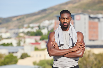 Image showing Fitness, running and sweat with portrait of black man in city for training, workout and sports endurance. Goal, cardio and relax with runner and arms crossed for stamina, jogging and performance