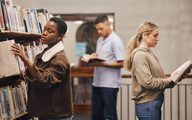 Image showing Diversity, education and students in library, knowledge and homework for studies, course material and relax. Young people, books and reading for research, ideas or learning for project or information