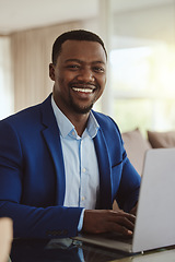 Image showing Happy, business and portrait of a black man with a laptop for planning, connection and email on work wifi. Smile, corporate research and executive African businessman typing a proposal on a computer