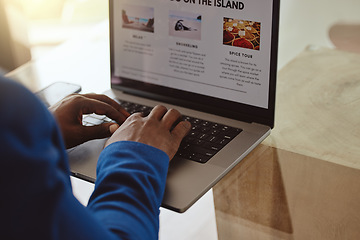 Image showing Laptop screen, travel website and hands of businessman typing information on vacation planning, marketing or online blog writing. Black man, ux web design for contact us, booking faq or about us page