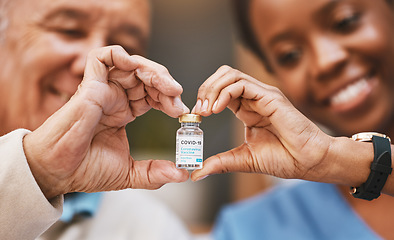 Image showing Covid vaccine, heart hands and nurse with patient in support of medical development, wellness medicine and vial bottle. Corona virus vaccination, healthcare and finger shape for hope, trust and risk