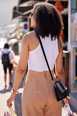 Image showing Happy young woman, shopping bags or retail city fashion for luxury clothes, self care spree or luxury mall sales. Smile, fun or trendy customer gifts in Brazilian urban street or relax street market