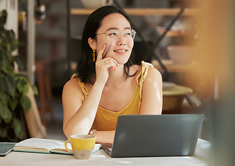 Image showing Startup, Asian or business woman thinking in office for networking, online idea or advertising blog content. Happy, smile or girl for planning for social media, creative innovation or website review