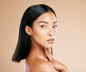 Image showing Portrait, skincare and black woman with natural beauty, dermatology and cosmetics with lady on brown studio background. Face, girl and African American female with makeup, confidence and wellness