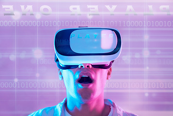 Image showing Wow, futuristic and man in virtual reality metaverse gaming on 3d technology. Surprise, neon and male player exploring vr cyber world, ux or simulation with binary numbers, data and ai information.