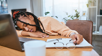 Image showing Black woman, sleeping and studying in home office with a book while learning online with fatigue. Entrepreneur person tired, burnout and exhausted with remote work and startup business stress