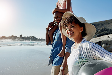 Image showing Walking, beach and profile of happy black family travel, relax and enjoy outdoor quality time together. Ocean sea water, blue sky mock up or freedom peace for bonding people on Jamaica holiday mockup