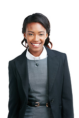 Image showing Portrait, studio and smiling corporate black woman is happy and isolated against a white background. Confident consultant or excited professional entrepreneur, employee or manager in a suit