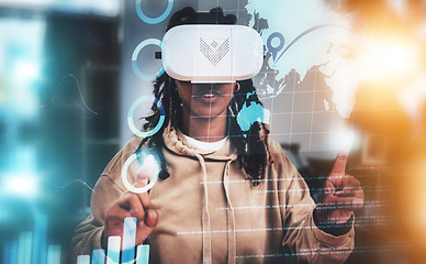 Image showing Virtual reality, pointing or woman with global data for vr elearning, globalization or future education innovation. Knowledge metaverse, chart overlay or black student study with ai augmented reality