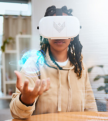 Image showing Virtual reality, vr metaverse or woman with globe hologram, 3d cyber planet or ai augmented reality. Elearning, globalization overlay and black student with earth, world or future learning innovation