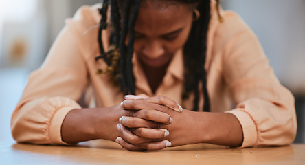 Image showing Hands together, business and black woman tired, stress and overworked with burnout, mental health and employee with anxiety. African American female, lady or entrepreneur with depression and thinking