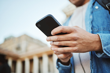 Image showing Student, hands or phone typing on university campus, college or school for exam schedule, class calendar or social media. Zoom, man or mobile technology for education learning app or diploma research