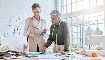 Image showing Creative, fashion and designer with business people in workshop studio for manufacturing, planning or idea. Tailor, boutique and retail with women and swatch for ecommerce, production or industry