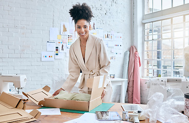 Image showing Fashion store portrait, box and black woman packaging stock product for commercial distribution or courier shipping. Logistics export delivery, retail container and girl work in supply chain industry
