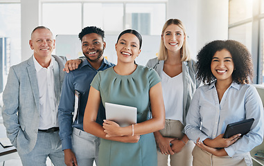 Image showing Portrait, happy or business people in a digital agency in an office building with motivation, goals or mission. Leadership, team work or confident employees smile with pride, solidarity or support