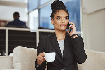 Image showing Coffee, phone call or business black woman in b2b networking in office sofa for sales deal or marketing. Corporate, focus or employee for communication mobile tech in planning, innovation or strategy