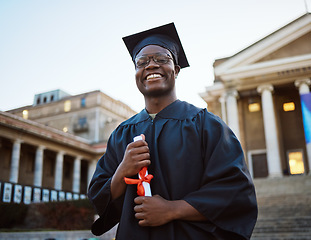 Image showing Achievement, diploma and portrait of a black man at graduation with college success, celebration and happy. Pride, smile and African graduate with a certificate after studying at university in London