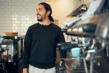 Image showing Coffee shop, thinking and manager man of small business with optimistic and happy smile. Professional cafe business owner and entrepreneur guy thoughtful at coffee machine in Brazil.