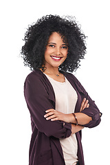 Image showing Fashion, portrait and black woman with arms crossed in studio isolated on a white background. Makeup cosmetics, beauty and happy young female model from Brazil in stylish, trendy or designer clothing