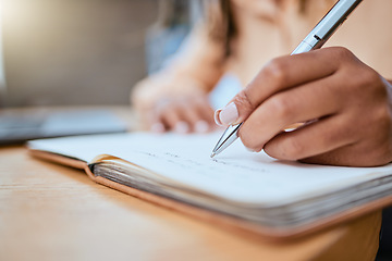 Image showing Schedule, writing and zoom of hand with notebook for planning, inspiration and creative ideas. Freelance career, information and busy woman working on calendar plans, strategy and journal report