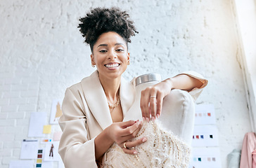 Image showing Fashion, designer and mannequin with black woman in workshop for planning, manufacturing and retail. Creative, idea and fabric with girl and couture dress in studio for small business or ecommerce