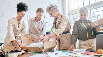 Image showing Collaboration, store delivery box or team packaging stock product for clothing distribution shipping. Logistics export, retail fashion container or diversity group working in supply chain industry