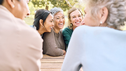 Image showing Senior, happy or friends in a park talking or speaking of funny gossip while relaxing holiday vacation in summer. Smile, old people or elderly women laughing at a crazy joke or bonding in nature