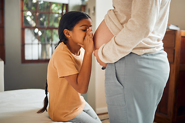 Image showing Pregnant, family and secret with a girl whispering to the belly of her mother while bonding in the bedroom of their home. Kids, mom and pregnancy with a daughter talking to the stomach of her mama