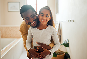 Image showing Happy, smile and portrait of father and daughter in bathroom for self care, hygiene and skincare. Wellness, relax and soap with face of dad and girl in black family home for learning, bath and clean