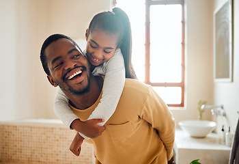 Image showing Father, child or black family laughing in happy home with love, care and support while in bathroom. Man and girl kid for a piggy back ride with a smile, energy and hug for safety, health and wellness