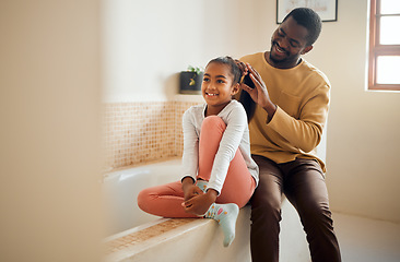 Image showing Excited child, father and brushing hair in family home bathroom with love and support. Black man teaching kid self care, health tips and wellness with communication, talking about trust and beauty