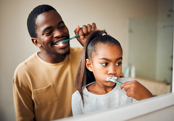 Image showing Oral hygiene, brushing teeth and father with daughter in a bathroom for learning and morning grooming. Dental care, black family and girl with parent, cleaning and looking in a mirror at home