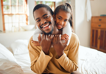 Image showing Family, portrait and child hug father with love and care at home, happiness with relationship, trust and affection. Black man, young girl and happy people with embrace, wellness with bonding together