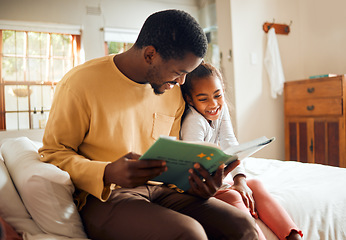 Image showing Father storytelling, child reading and family love for language learning and bonding in bedroom. Happy people, dad and smart girl with book for creative support, education help and home teaching