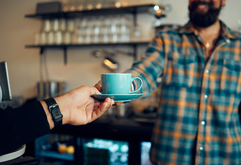 Image showing Coffee, service and hands of people at a cafe for a drink, breakfast or lunch. Business, waiter and person giving an espresso order to a customer at a cafeteria while working at a restaurant