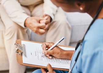 Image showing Nurse, clipboard and medical checklist with patient for healthcare, life insurance or hospital service. Closeup doctor writing notes, consulting and report documents of surgery, test results and data