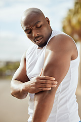 Image showing Fitness, arm pain and black man with workout, exercise or runner in health, wellness and muscle risk with strong, challenge or problem training. Sports injury, pain and athlete with medical emergency