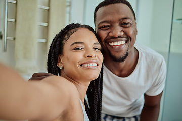 Image showing Selfie, smile and portrait of an African couple with love, home memory and happy in marriage. Smile, happiness and black man and woman with a content photo together in the living room with peace